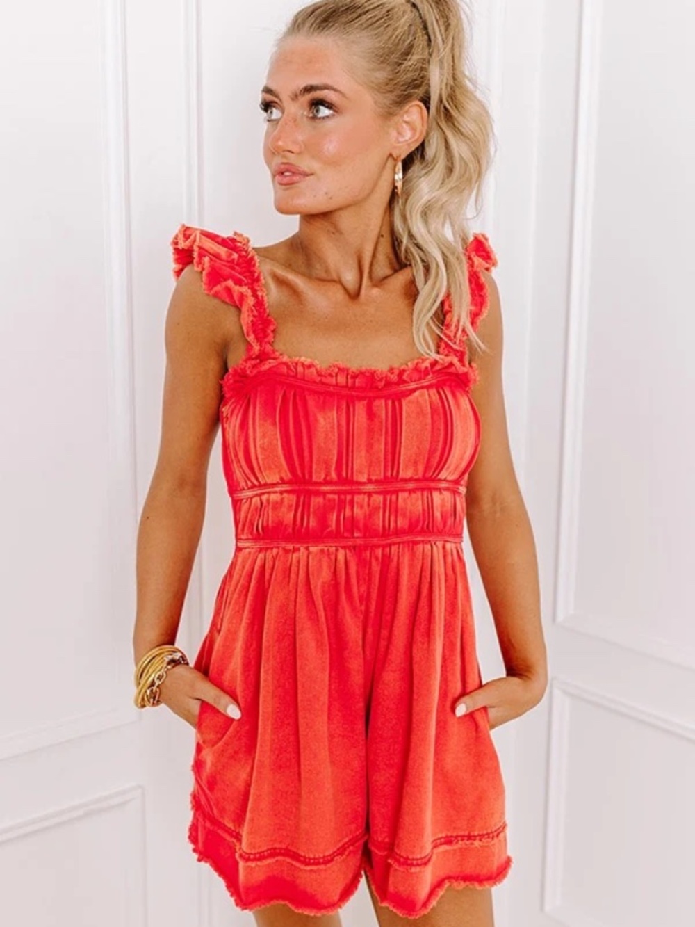 Boutique Gameday Tailgate Ready Mineral Wash Denim Romper in Red by Peach Love M
